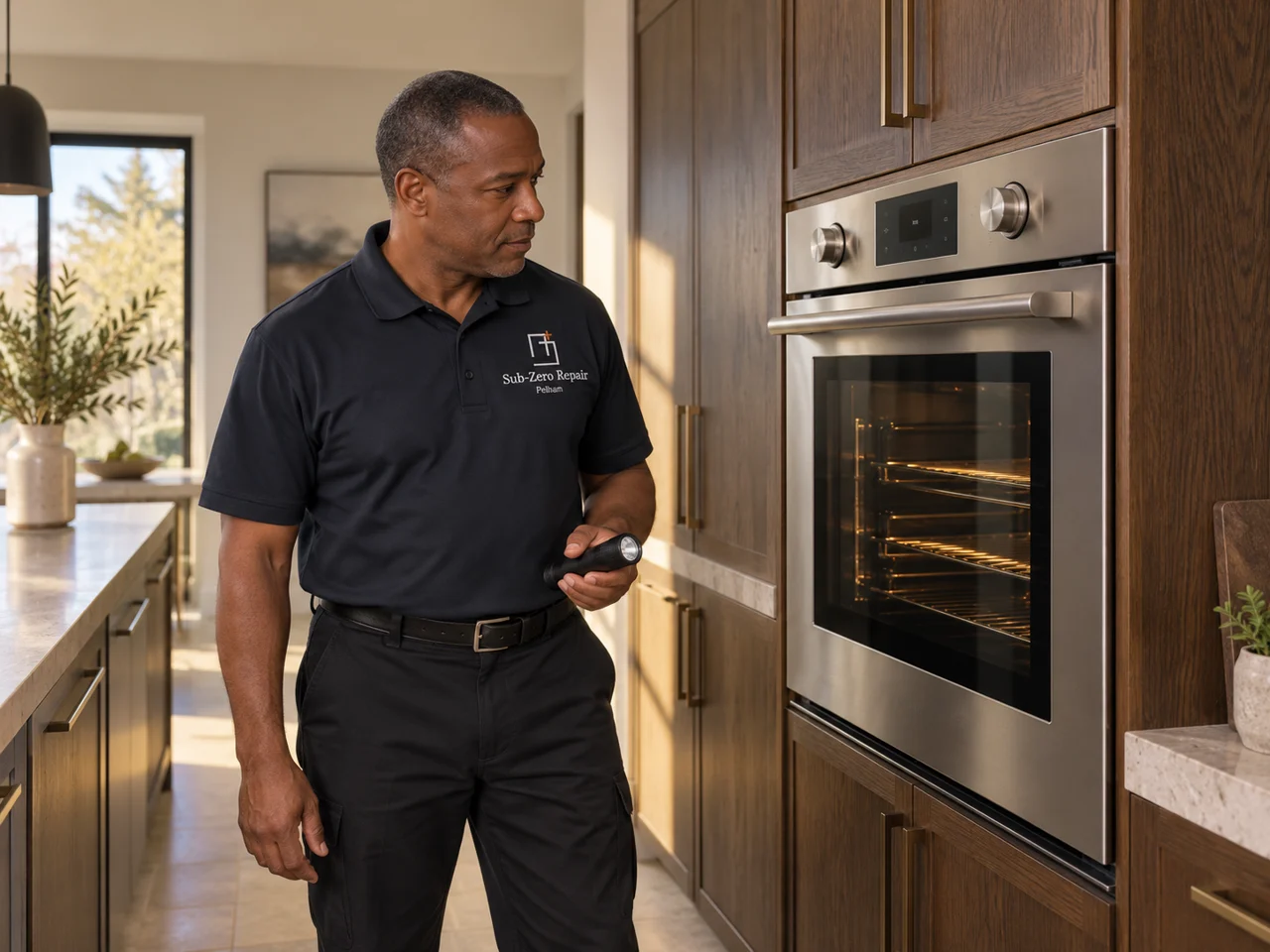Illustration of a technician wearing the Sub-Zero Repair Pelham logo beside a Monogram oven
