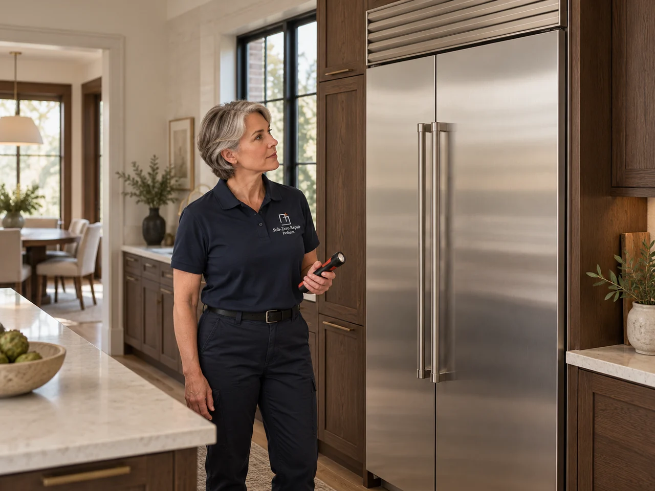 Illustration of a technician wearing the Sub-Zero Repair Pelham logo beside a Sub-Zero refrigerator